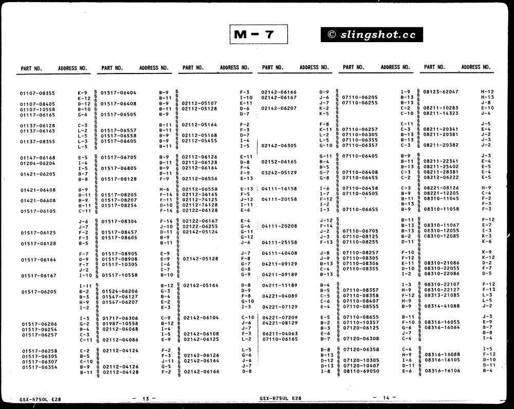 M-7 Parts Number Index